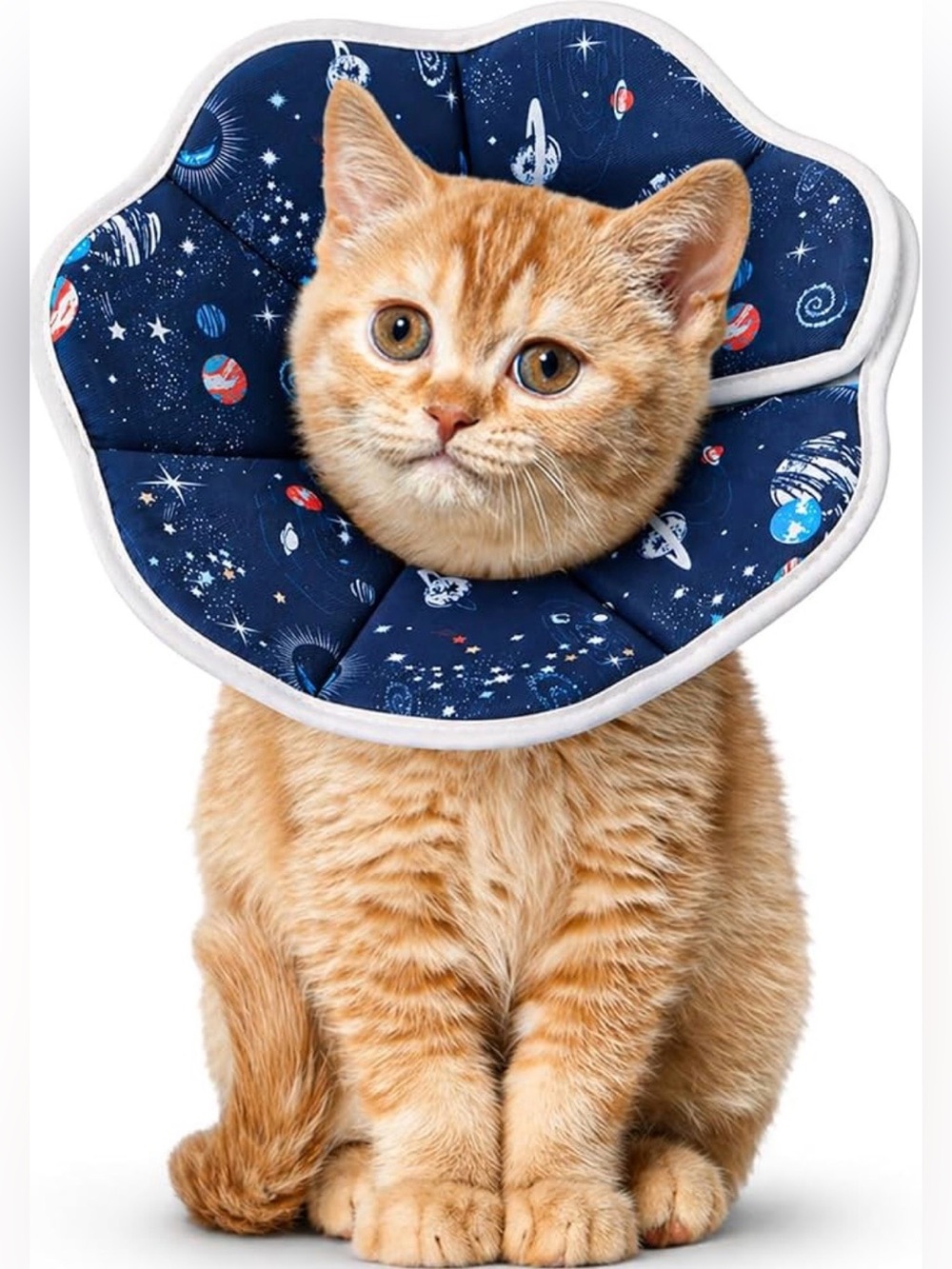 Space Print Cat Recovery Cone Collar - Navy with Planets - Small
